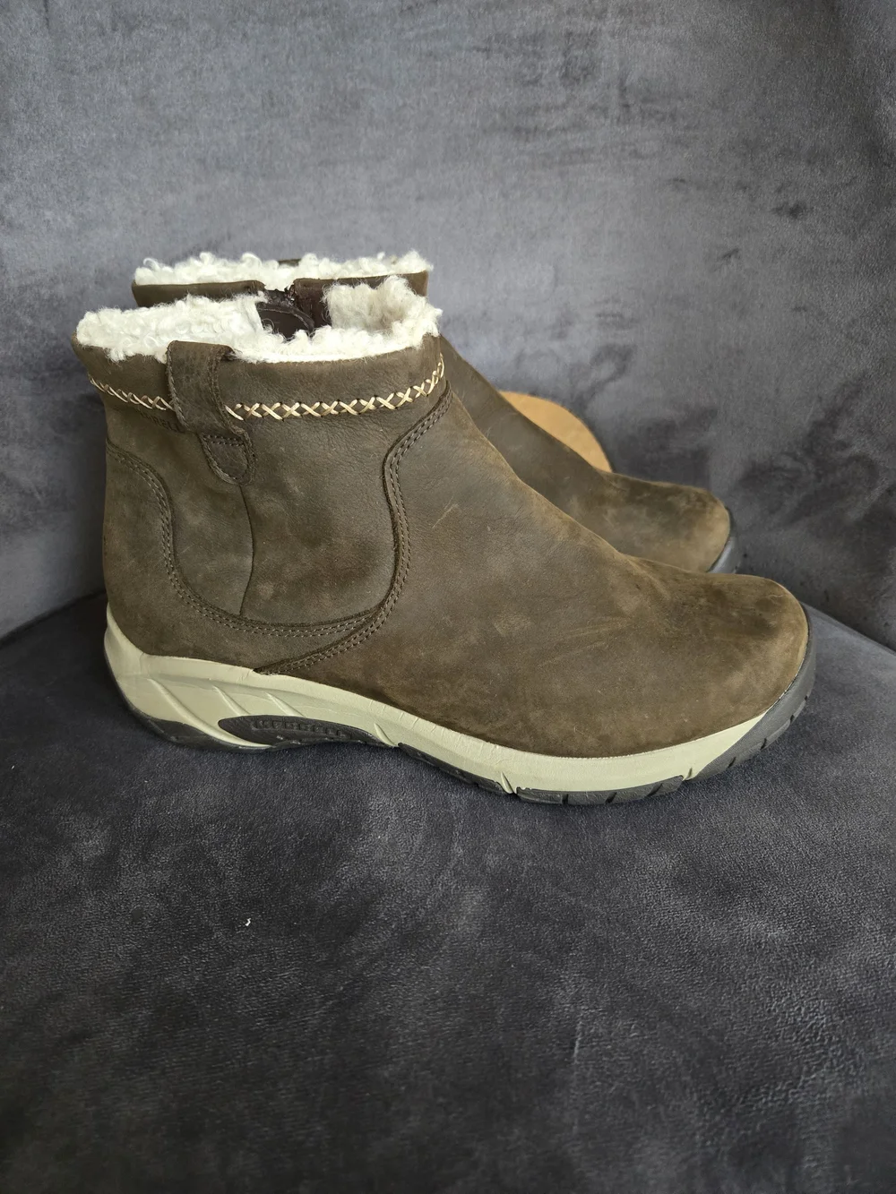 Merrell Brown Suede Ankle Booties with Cream Shearling Trim